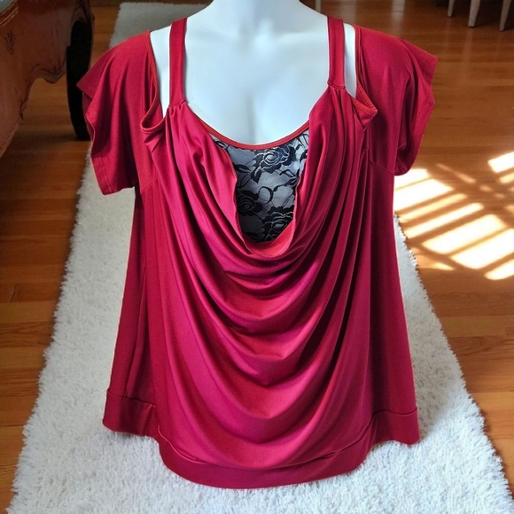 ROSEGAL  Elegant red & black women's Cold Shoulder top  with lace &  rose detail - Picture 1 of 13